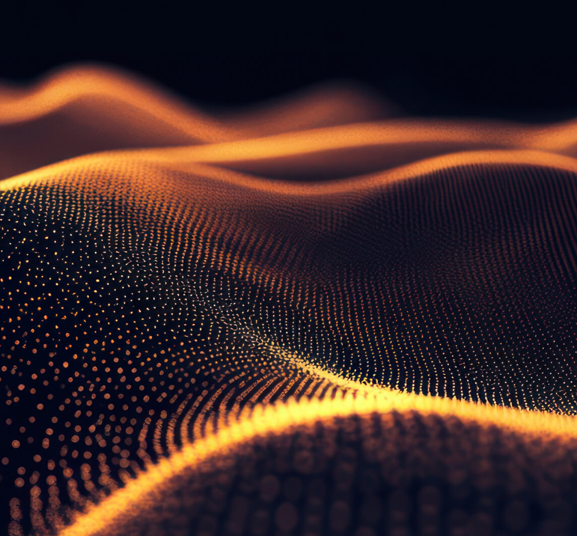 Abstract waves and dots in red and amber
