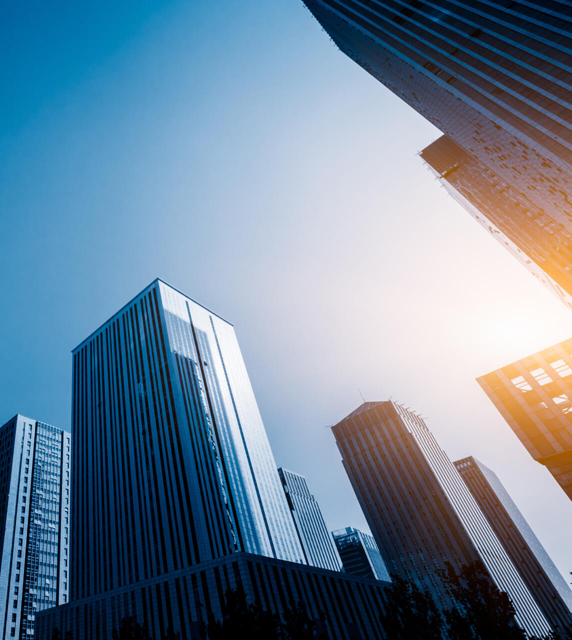 Buildings with clear sky and sun lighting