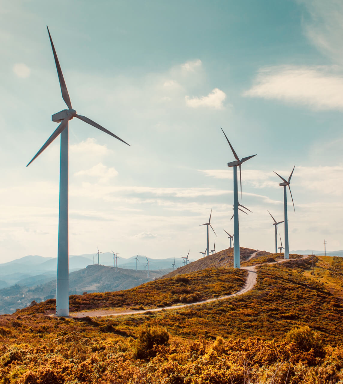 Windmills besides road on mountain