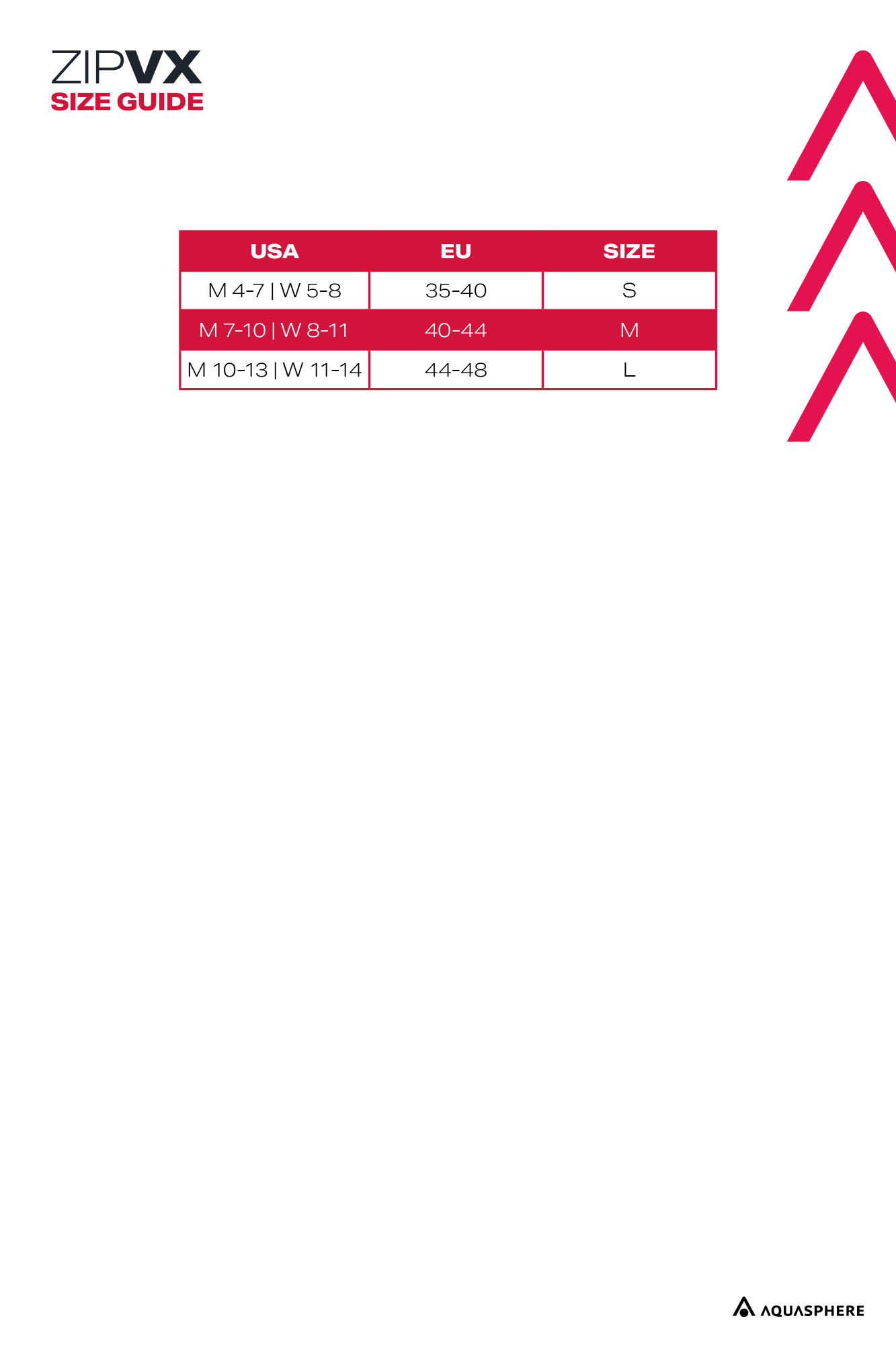 ZIP VX - SWIM FINS - Size guide
